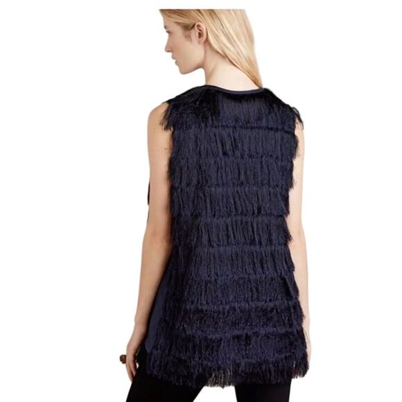 Anthropologie Eva Franco Navy Blue Tiered Eyelash Fringe Layering Vest - Picture 3 of 15